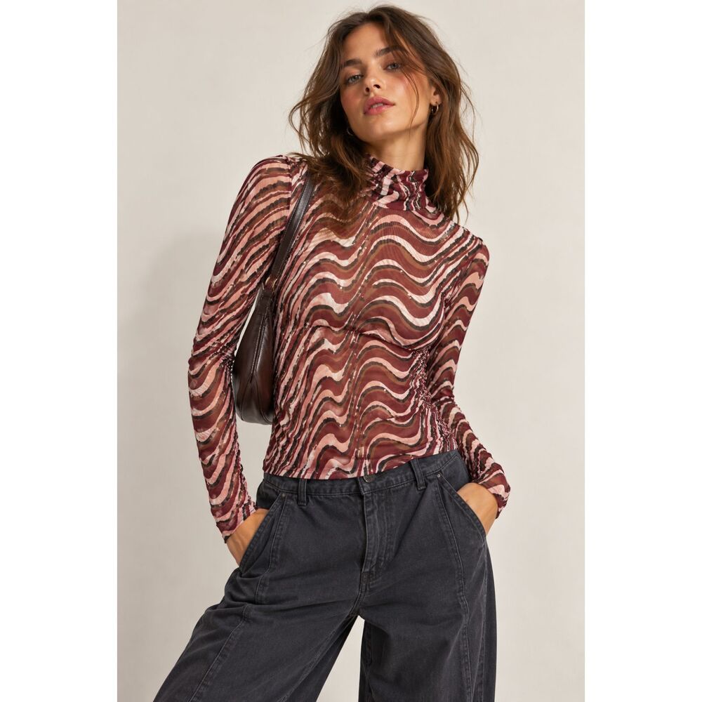 Baum Und Pferdgarten Maroon Y2K Pattern Long Sleeve Sheer Top Women's Size Small